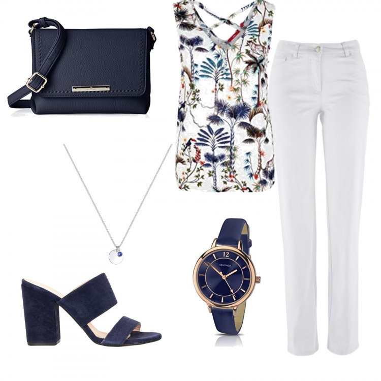 Outfit femme - Bon Ton #17861. Style Bon Ton pour Tous les jours. Assortir avec pantalon , blouse, sandales en cuir, sacs en bandoulière, colliers, montre.