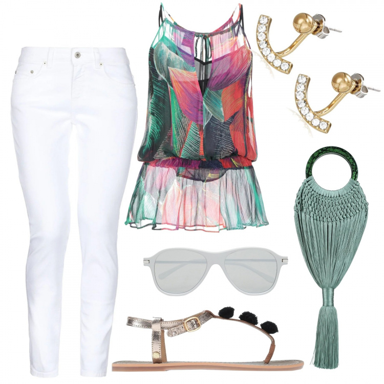 Outfit mujer - Pantalón blanco + top colorido. Estilo Trendy para Todos los días. Combinación con pendientes, top, bolsos de mano, chancla, pantalones, gafas de sol.