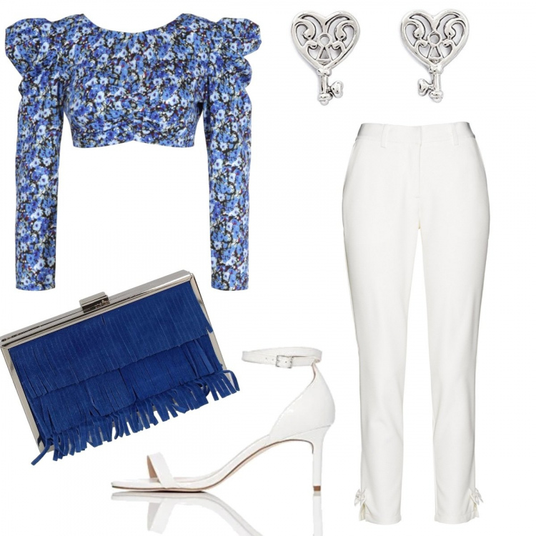 Outfit donna - Serata estiva. Stile Basic per Serata fuori. Abbinamento con pantaloni, top, shopping bag, orecchini, sandali col tacco.