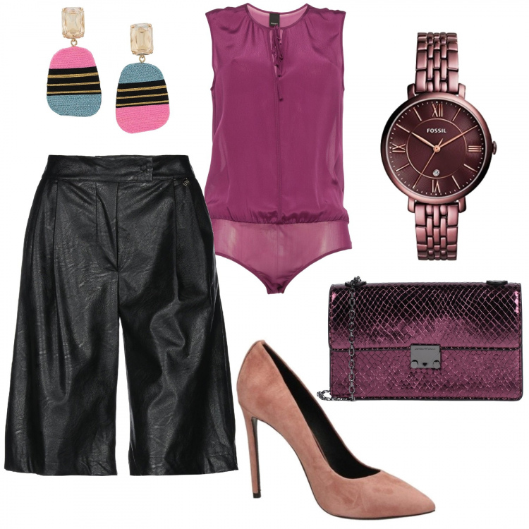 Outfit mujer - Bermudas chic. Estilo Chic para Noche/Fiesta elegante. Combinación con reloj, zapatos de tacón, top, bermudas, bolsos de hombro, pendientes.