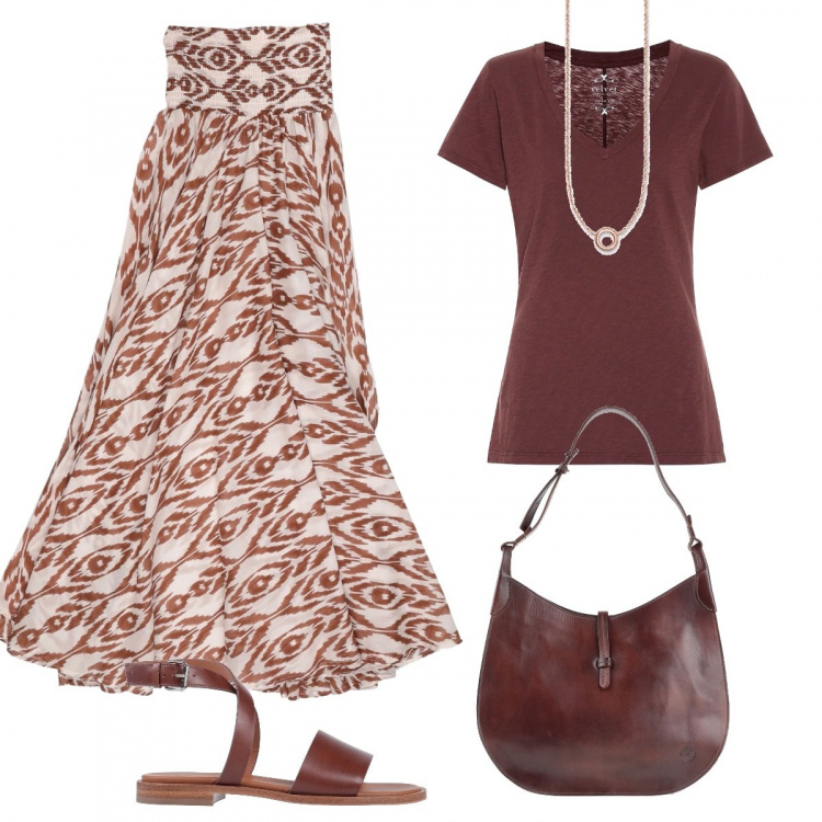 Outfit donna - Gonna lunga e sandalo. Stile Trendy per Tutti i giorni. Abbinamento con gonna longuette, sandali in pelle, borse a spalla, t-shirt, collane.