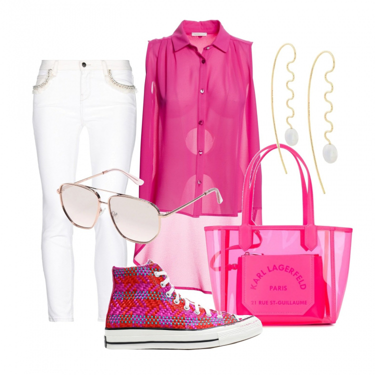 Outfit donna - Jeans bianchi e top fucsia. Stile Trendy per Tutti i giorni. Abbinamento con sneakers alte, jeans slim fit, occhiali da sole, camicie, borse tote, orecchini.