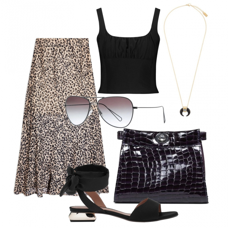 Outfit donna - Gonna lunga e sandalo. Stile Trendy per Tutti i giorni. Abbinamento con gonne lunghe, sandali col tacco, occhiali da sole, magliette intime, borsa a mano, collane.