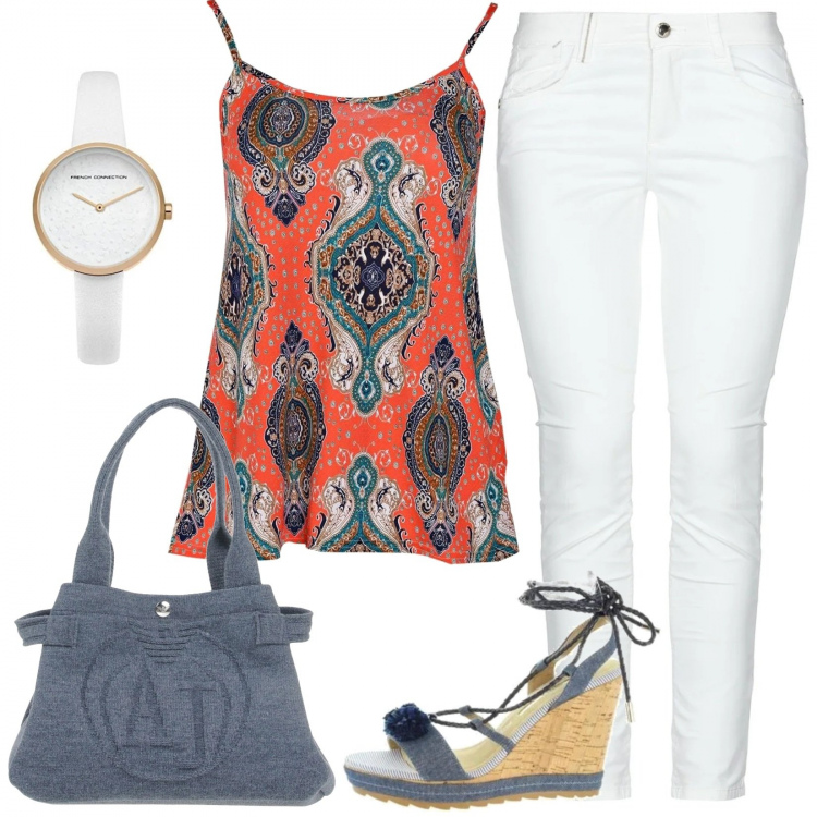 Outfit mujer - Étnico #3837. Estilo Étnico para Todos los días. Combinación con relojes analógicos, sandalias, blusa, pantalones, bolso de mano.