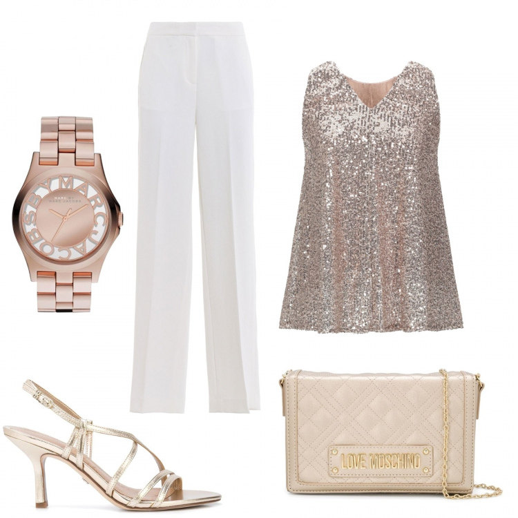 Outfit donna - Bianco e oro. Stile Trendy per Serata fuori. Abbinamento con top, borsa a tracolla, sandali col tacco, pantaloni a palazzo, orologio.