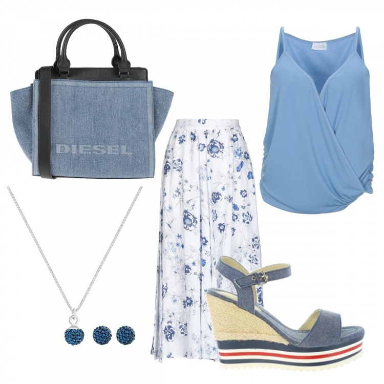 Outfit donna - Basic #24912. Stile Basic per Tutti i giorni. Abbinamento con gonna lunga, top, borse a mano, sandali, collane.