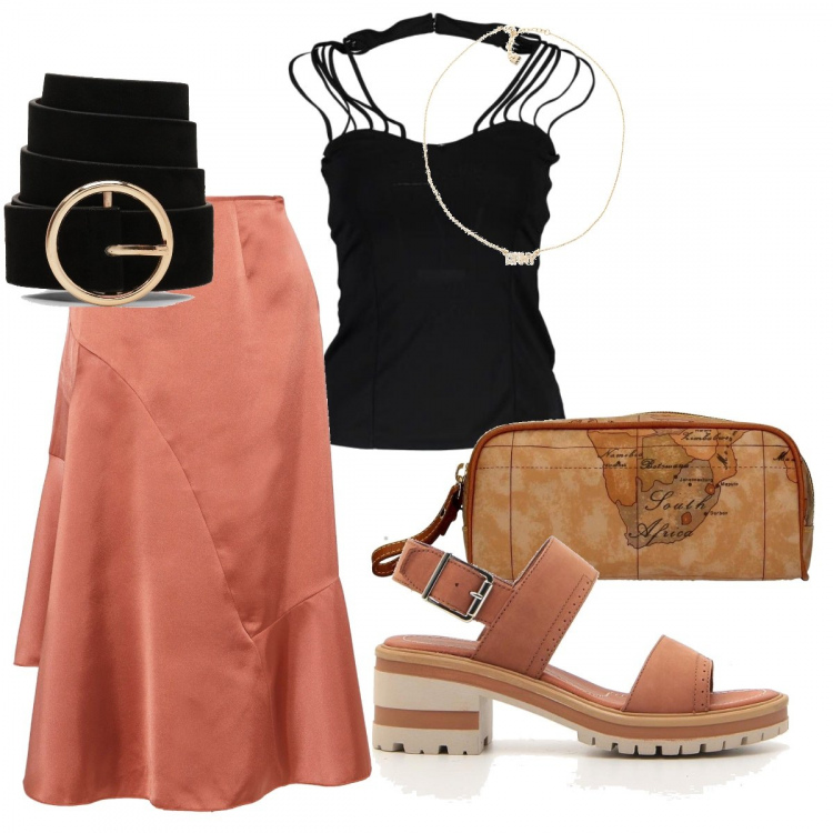 Outfit donna - Gonnellone e sandalo. Stile Trendy per Serata fuori. Abbinamento con gonne longuette, collane, cintura, shopping bag, top, sandali.