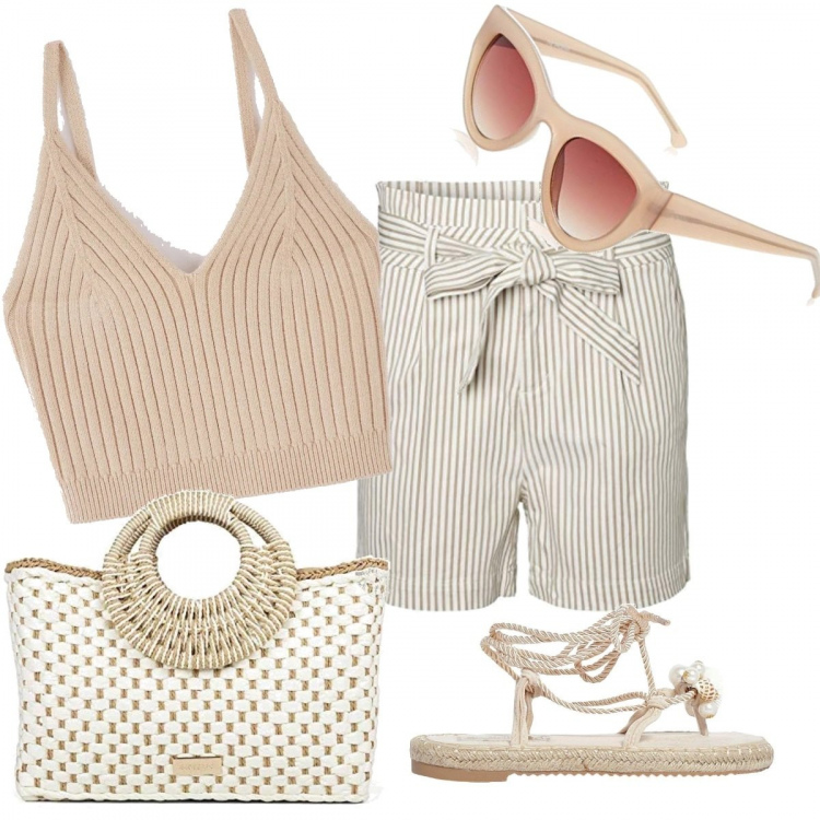 Outfit donna - Aperitivo sul lungomare. Stile Trendy per Tutti i giorni. Abbinamento con top, sandali, blazer, borse a mano, occhiali da sole.