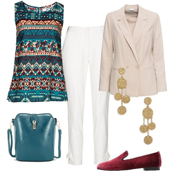 Outfit donna - Eleganze dal sapore etnico. Stile Trendy per Ufficio. Abbinamento con top, pantaloni, blazer, mocassini, orecchini, borse a spalla.