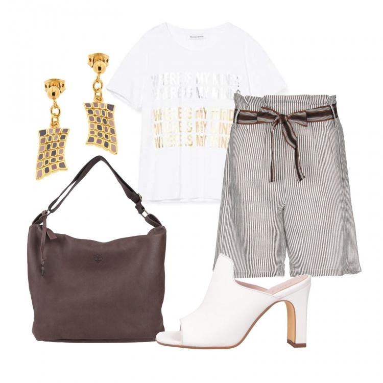 Outfit donna - Shorts e t-shirt. Stile Trendy per Tutti i giorni. Abbinamento con bermuda, sandali col tacco, borsa a mano, t-shirt, orecchini.