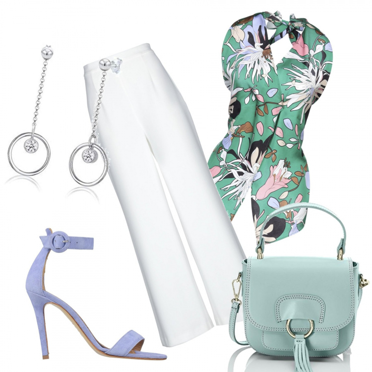 Outfit mujer - De copasa todo color. Estilo Trendy para Todos los días. Combinación con bolsos de mano, pendientes, top, pantalones, sandalias de tacón.