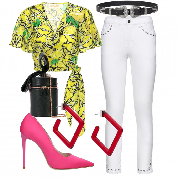 Outfit femme - On adore. Style Tendance pour Tous les jours. Assortir avec pantalon skinny, ceintures, hauts, sac en bandoulière, chaussures à talon, boucles d'oreilles.