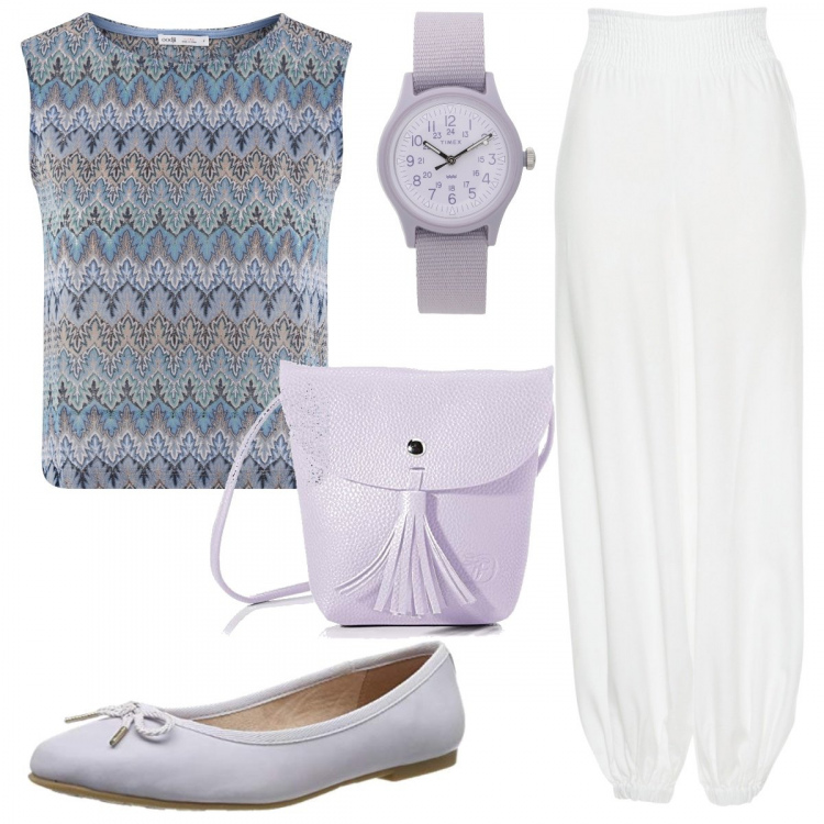 Outfit donna - Pantalone e bianco e top colorato. Stile Basic per Tutti i giorni. Abbinamento con orologi, pantaloni, top, borse a tracolla, ballerine.