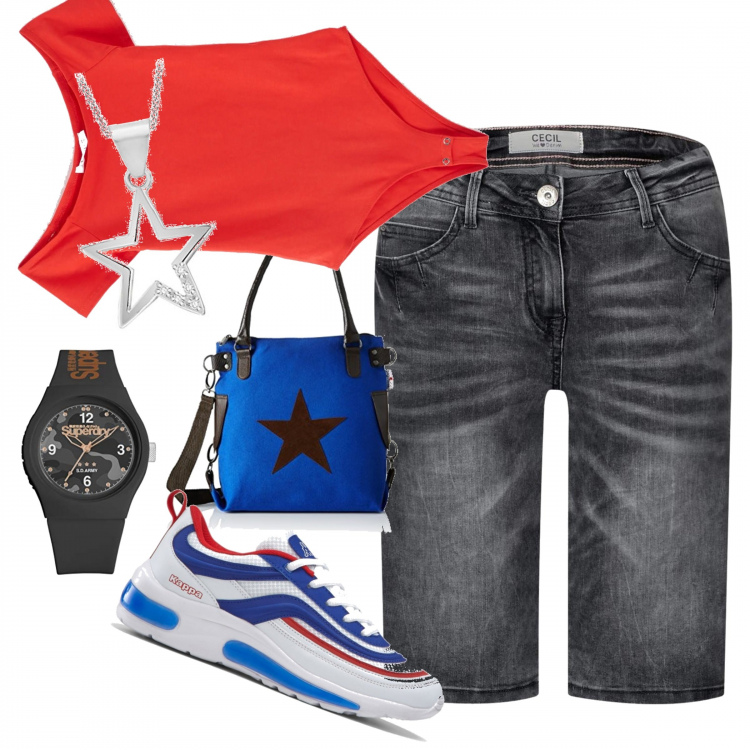 Outfit femme - On adore. Style Tendance pour Tous les jours. Assortir avec sneakers, body, short, collier, valise, montres.