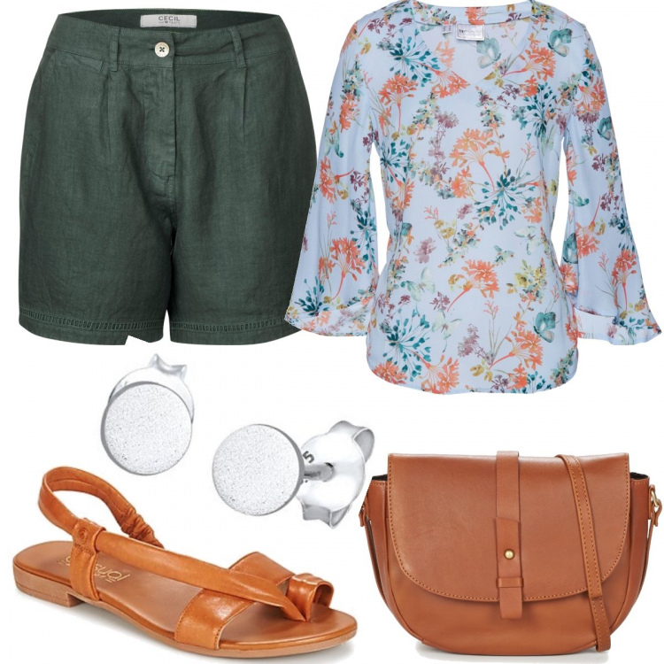 Outfit donna - In bermuda. Stile Basic per Tutti i giorni. Abbinamento con bluse, sandali, borsa a tracolla, bermuda, orecchini.