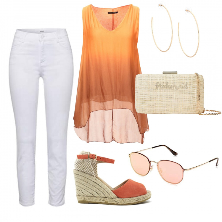 Outfit mujer - Sunset orange. Estilo Rock para Todos los días. Combinación con vaqueros pitillo, gafas de sol, espadrillas, top, bolsos de mano, pendientes.