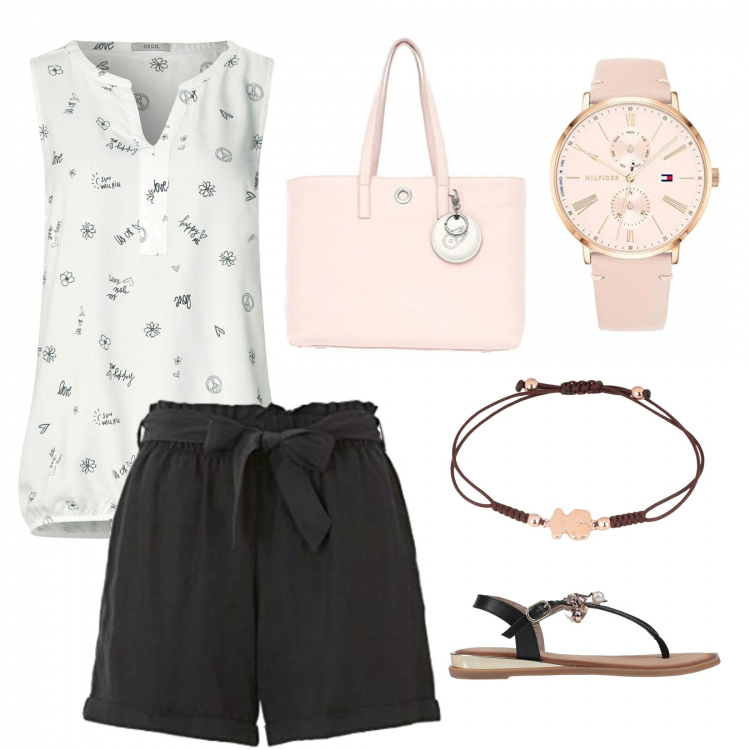 Outfit mujer - Enseña las piernas!!. Estilo Chic para Todos los días. Combinación con blusa, pantalones cortos, reloj, bolsos mensajero, chancla, pulseras.