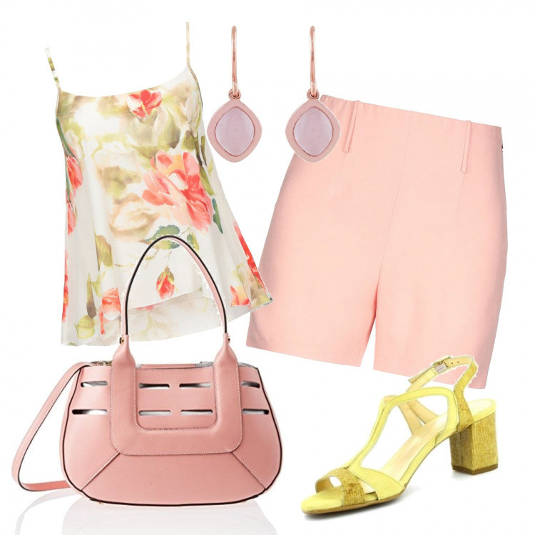 Outfit mujer - Cena en bermudas. Estilo Sexy para Todos los días. Combinación con pendientes, bandoleras, sandalias, shorts, top.