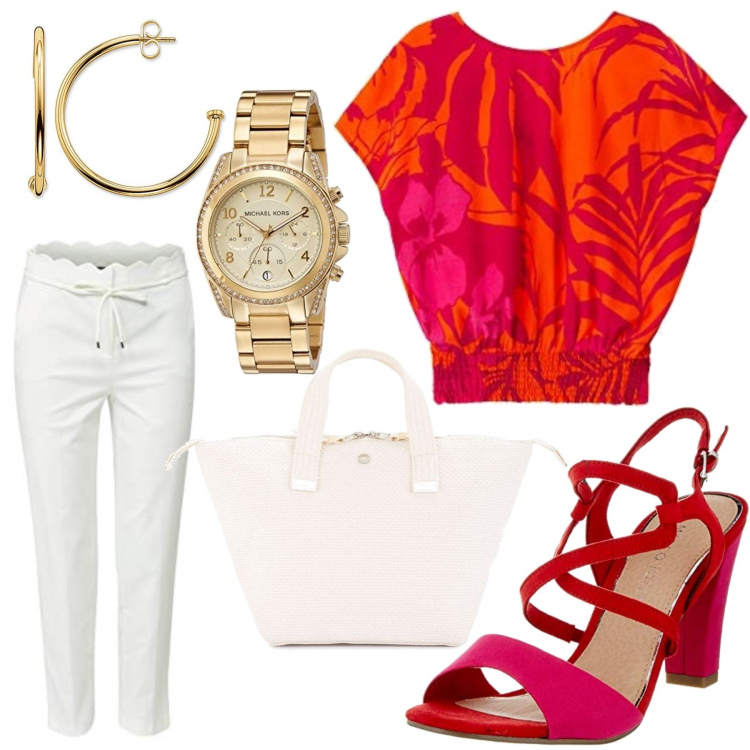 Outfit mujer - Fucsia y rojo fuego!. Estilo Urban para Todos los días. Combinación con camisas, sandalias, pantalones, reloj, pendientes, bolsos de mano.