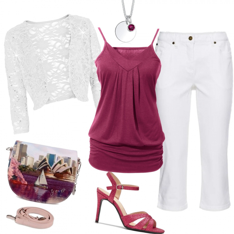 Outfit donna - Little fashion bag. Stile Bon Ton per Tutti i giorni. Abbinamento con top, bolero, jeans, sandali col tacco, borsa a tracolla, collane.