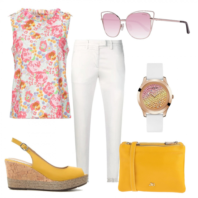 Outfit donna - Colorfull. Stile Trendy per Tutti i giorni. Abbinamento con top, borse a mano, orologi, pantaloni skinny, sandali, occhiali da sole.