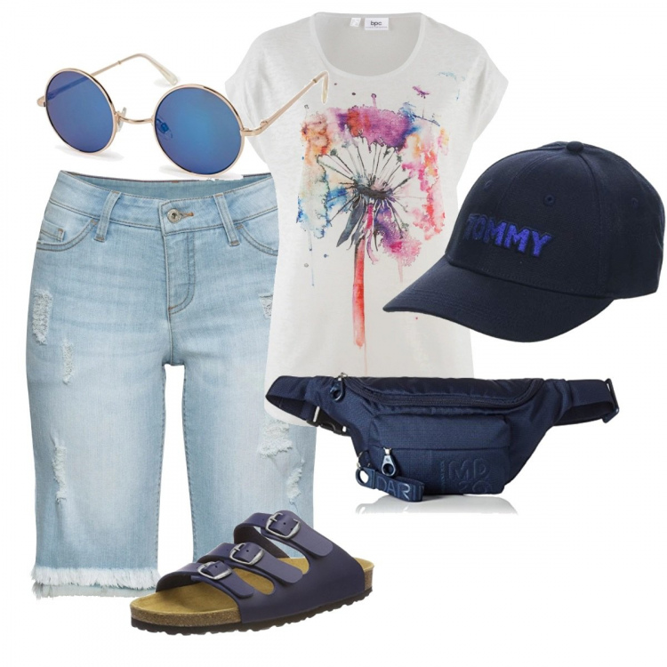 Outfit femme - Baroudeuse. Style Basique pour Tous les jours. Assortir avec t-shirt, bermuda, chapeaux avec visière, pantoufles, sac en bandoulière, lunettes de soleil.