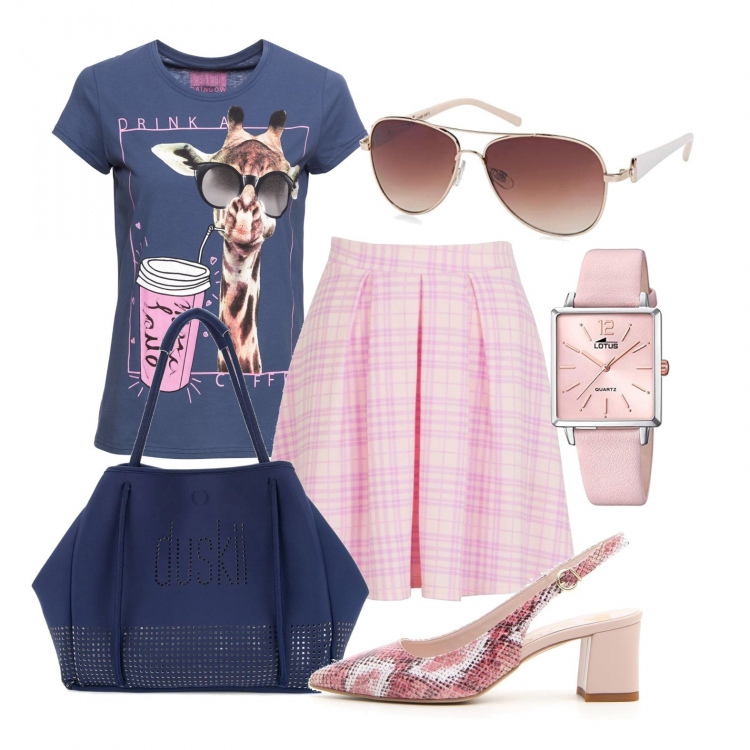 Outfit donna - Giraffa style. Stile Bon Ton per Tutti i giorni. Abbinamento con t-shirt, gonna, borse tote, décolleté, orologio analogico, occhiali da sole.
