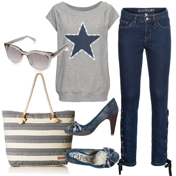 Outfit donna - I jeans con i lacci. Stile Trendy per Tutti i giorni. Abbinamento con t-shirt, jeans skinny, zeppe, borsa a spalla, occhiali da sole.
