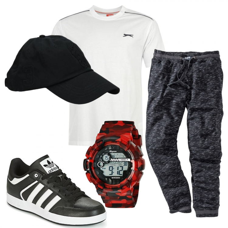 Outfit uomo - Casual #12382. Stile Casual per Tutti i giorni. Abbinamento con pantaloni, cappelli, sneakers, t-shirt, orologi.