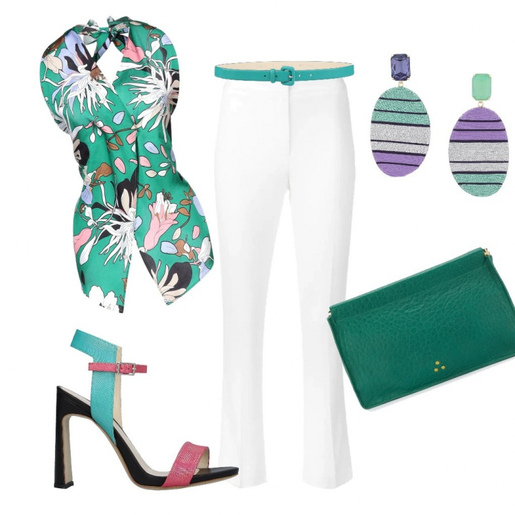 Outfit femme - Verde d\'estate. Style Tendance pour Soirée dehors. Assortir avec hauts, sandales à talon, pochette, pantalon , ceinture, boucles d'oreilles.