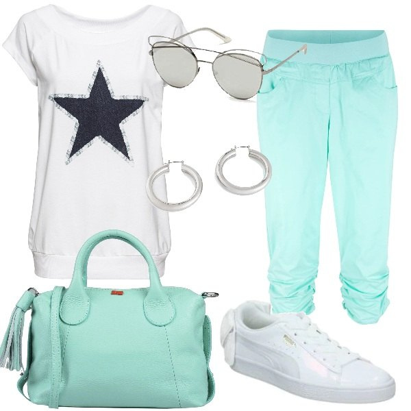 Outfit donna - Pantaloni capri. Stile Basic per Tutti i giorni. Abbinamento con t-shirt, pantaloni capri, orecchini, borse a mano, sneakers, occhiali da sole.