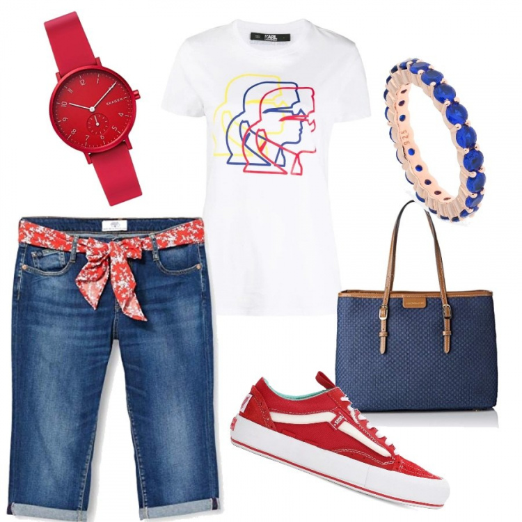 Outfit femme - Été 2020 en bleu, blanc, rouge.. Style Tendance pour Tous les jours. Assortir avec bermuda, sneakers, jeans, t-shirt, montre analogique, bagues.