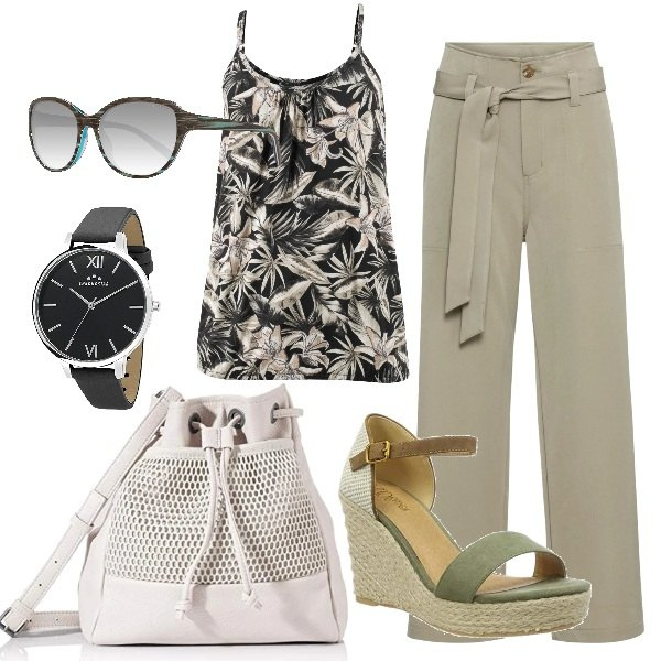 Outfit donna - Un top tropical. Stile Trendy per Ufficio. Abbinamento con top, pantaloni, sandali, borse a tracolla, occhiali da sole, orologi.