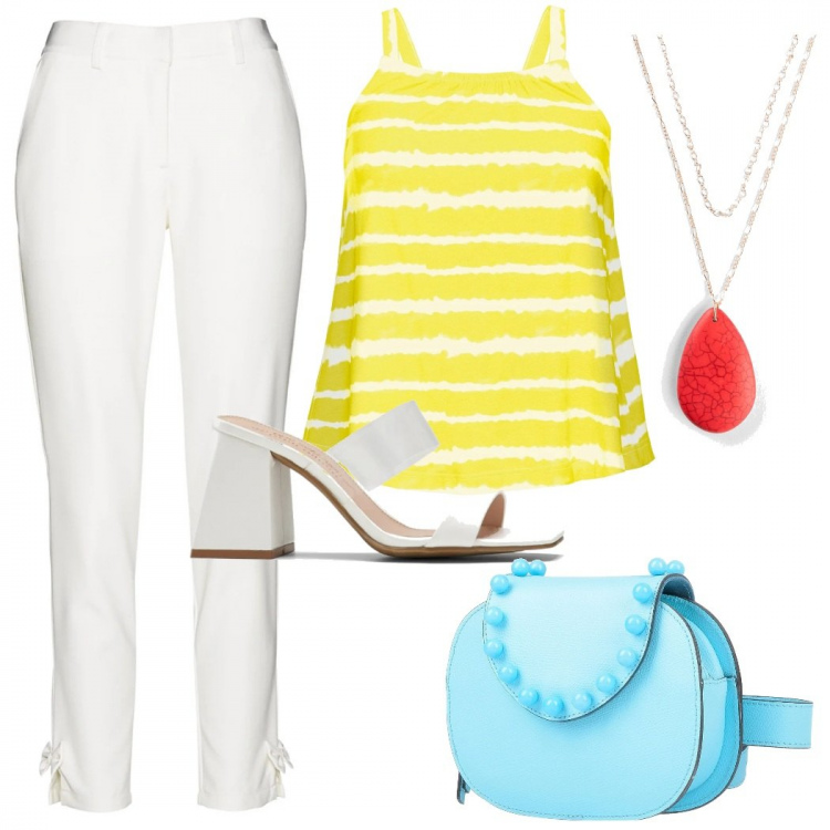 Outfit donna - Pantaloni bianco panna. Stile Basic per Tutti i giorni. Abbinamento con maglieria, pantaloni, ciabatte, gonne, zaino.
