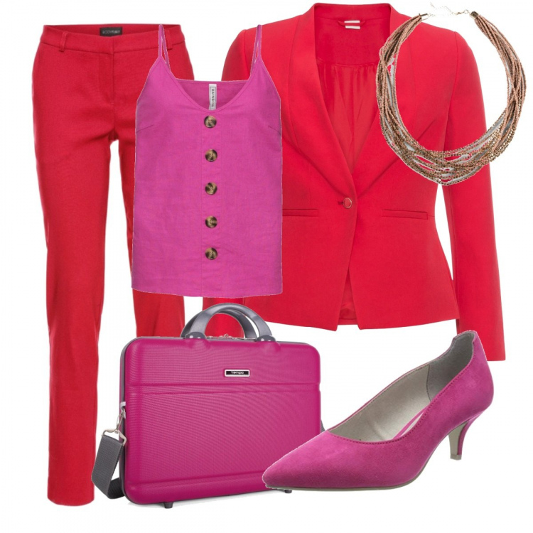 Outfit donna - Monday style red&pink. Stile Trendy per Ufficio. Abbinamento con pantaloni, blazer, top, collane, valigetta, scarpe col tacco.