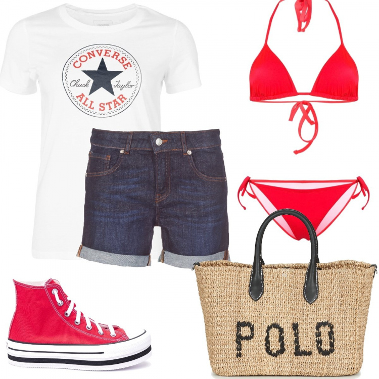 Outfit donna - Mare. Stile Basic per Mare. Abbinamento con shorts, borsa tote, bikini, t-shirt, sneakers.