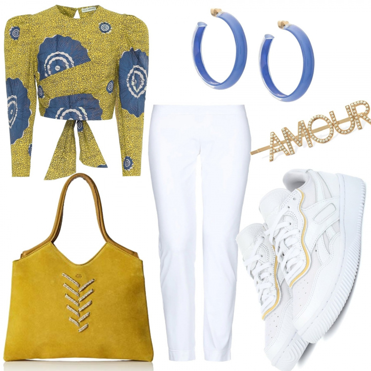 Outfit femme - Total look en blanc et couleurs. Style Tendance pour Tous les jours. Assortir avec sneakers, hauts, legging, sacs en bandoulière, boucles d'oreilles.