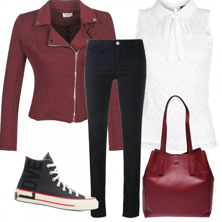 Outfit donna - Street. Stile Urban per Tutti i giorni. Abbinamento con camicie, blazer, pantaloni skinny, sneakers, borse tote.