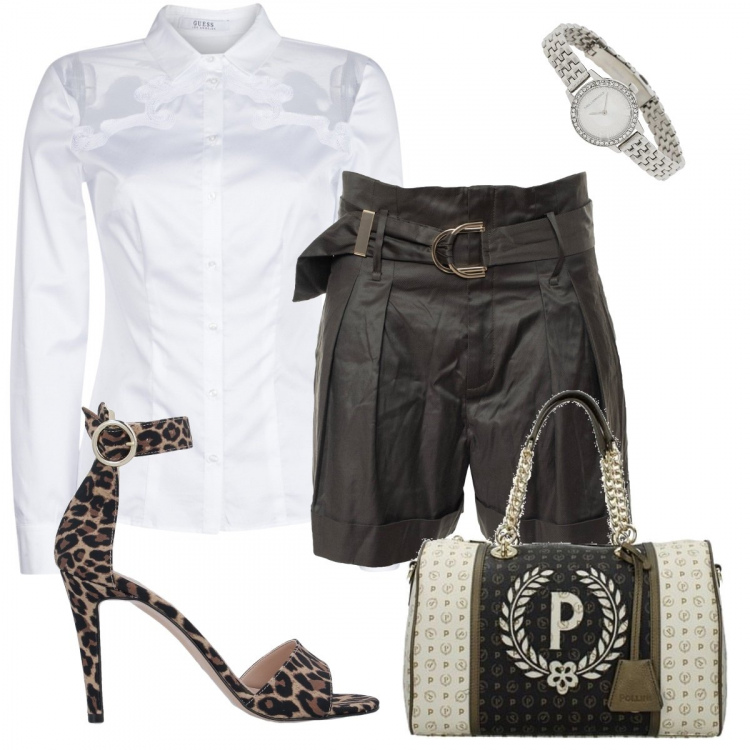 Outfit donna - Chic. Stile Chic per Cerimonia. Abbinamento con sandali con tacco, borsa a mano, camicie, orologio, shorts.