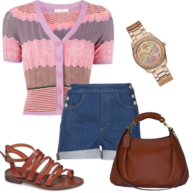 Outfit donna - Aperitivo al mare. Stile Basic per Mare. Abbinamento con shorts, orologi, sandali, borsa a mano, cardigans.