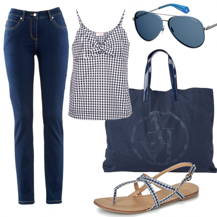 Outfit donna - Mix&Match. Stile Basic per Tutti i giorni. Abbinamento con jeans dritti, borse a mano, camicie, sandali, occhiali da sole.