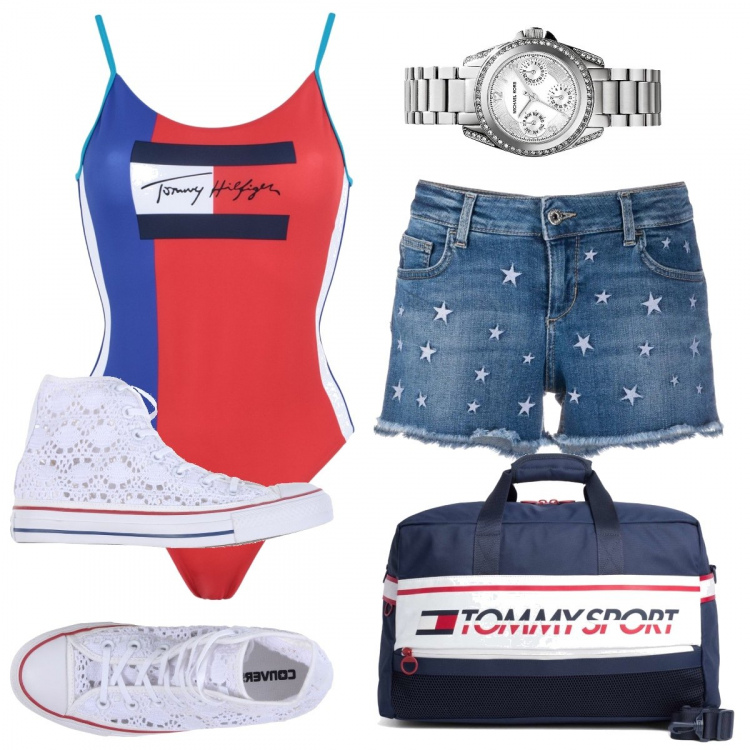 Outfit donna - Week end al mare. Stile Basic per Mare. Abbinamento con costumi interi, sneakers, orologi analogici, borsone, shorts.