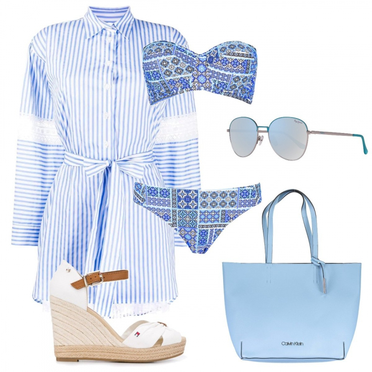 Outfit donna - Sea. Stile Trendy per Mare. Abbinamento con bikini, borse a tracolla, vestiti, sandali, occhiali da sole.