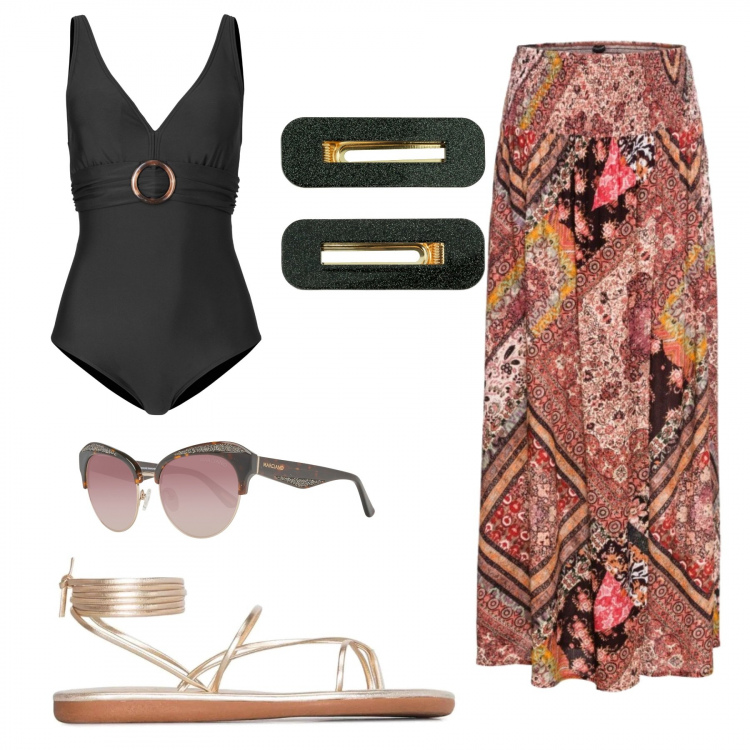 Outfit donna - Aperitivo in spiaggia. Stile Trendy per Mare. Abbinamento con costumi interi, gonne, sandali in pelle, accessori per capelli, occhiali da sole.