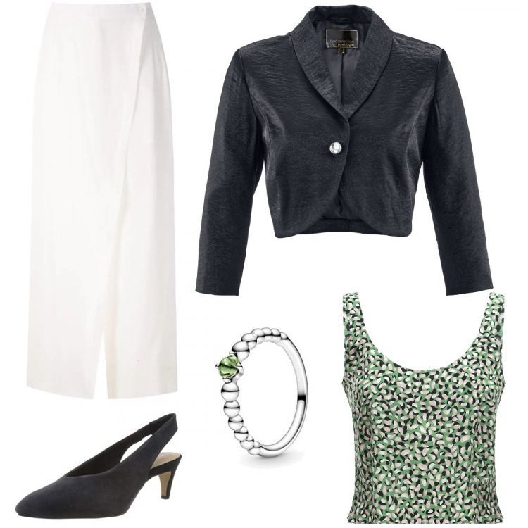 Outfit femme - Tendance #39970. Style Tendance pour Soirée dehors. Assortir avec boléros, pantalon long, hauts, chaussure à talon, bagues.