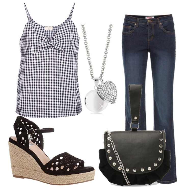 Outfit donna - Trendy #39987. Stile Trendy per Tutti i giorni. Abbinamento con jeans dritti, corpo, camicie, collane, sandali.