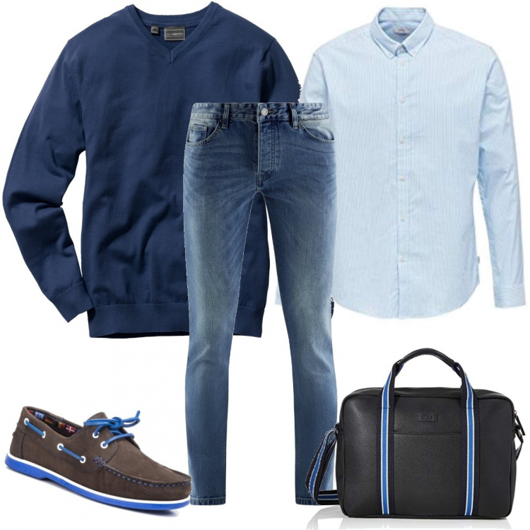 Outfit uomo - Job. Stile Trendy per Ufficio. Abbinamento con maglieria, scarpa, jeans slim fit, camicie, borsa a spalla.