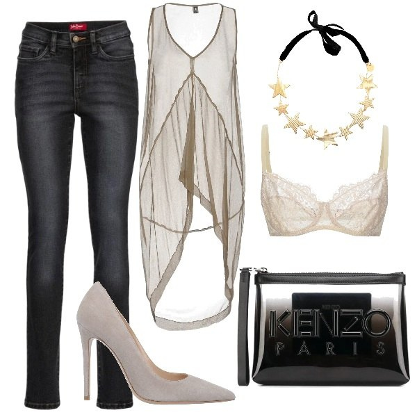 Outfit donna - Il top lungo. Stile Trendy per Serata fuori. Abbinamento con jeans slim fit, top, reggiseno, collane, décolleté, clutch.