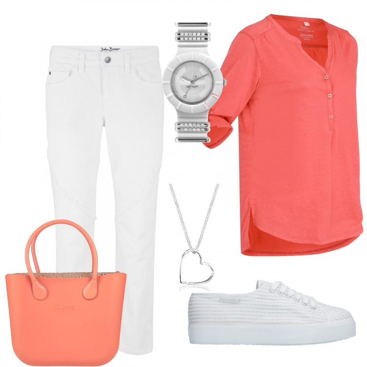 Outfit donna - Estate. Stile Basic per Tutti i giorni. Abbinamento con pullovers, jeans boyfriend, sneakers, borse a mano, orologi, ciondoli.