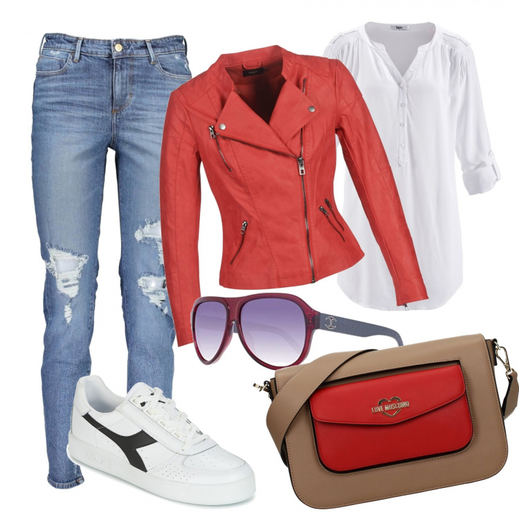 Outfit donna - Rock #3975. Stile Rock per Tutti i giorni. Abbinamento con tuniche, borse a spalla, blazer, sneakers, jeans, occhiali da sole.